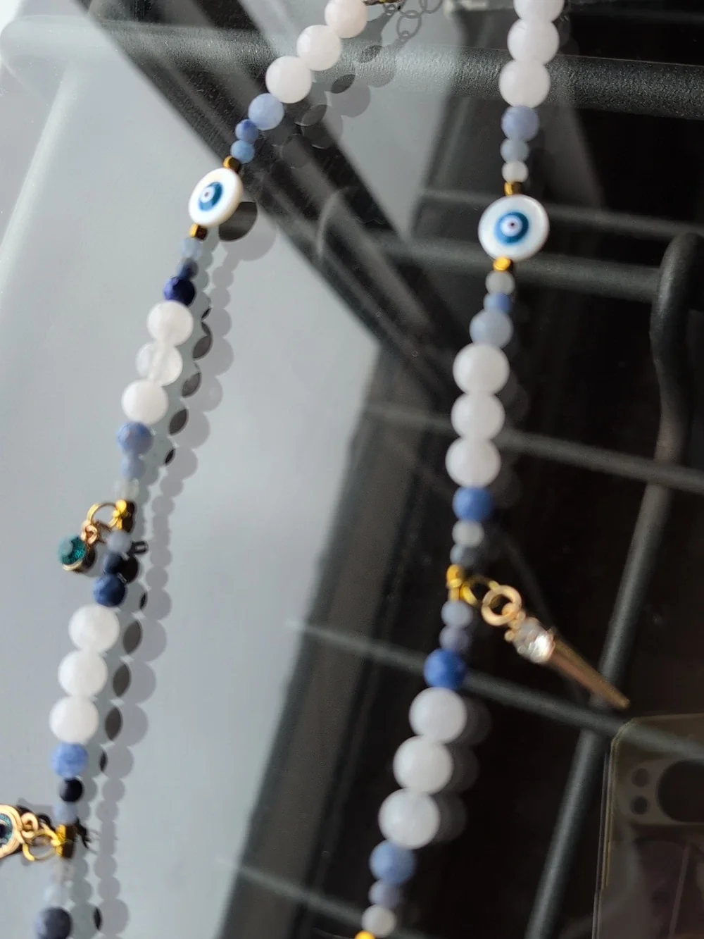 Handmade Blue advetureine and White Quartz Beaded Evil Eye Charm Necklace - Picture 3 of 5